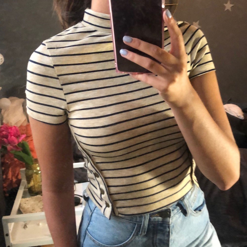 NWT Free People Striped Mock Neck Side Button Top